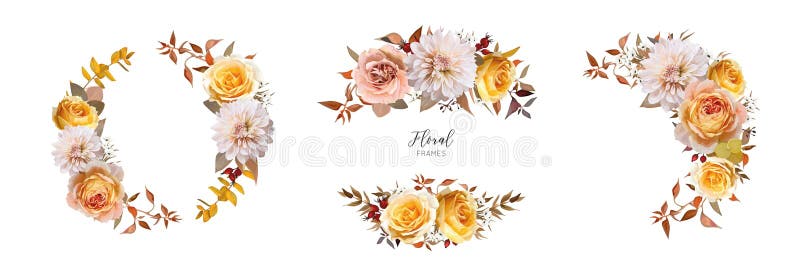 Elegant, floral autumn wreath frame set. Vector fall watercolor yellow rose flowers, cream dahlia, burgundy red, orange eucalyptus