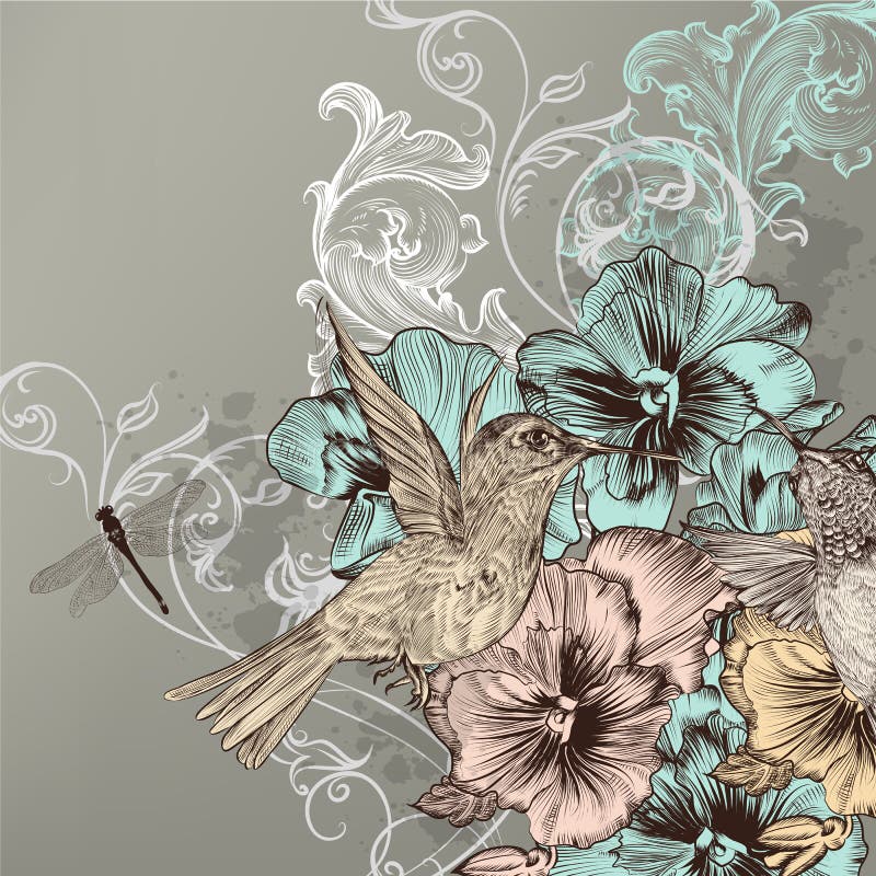 Elegant floral background with flowers and humming birds stock illustration Elegant floral background with flowers and humming birds stock illustration