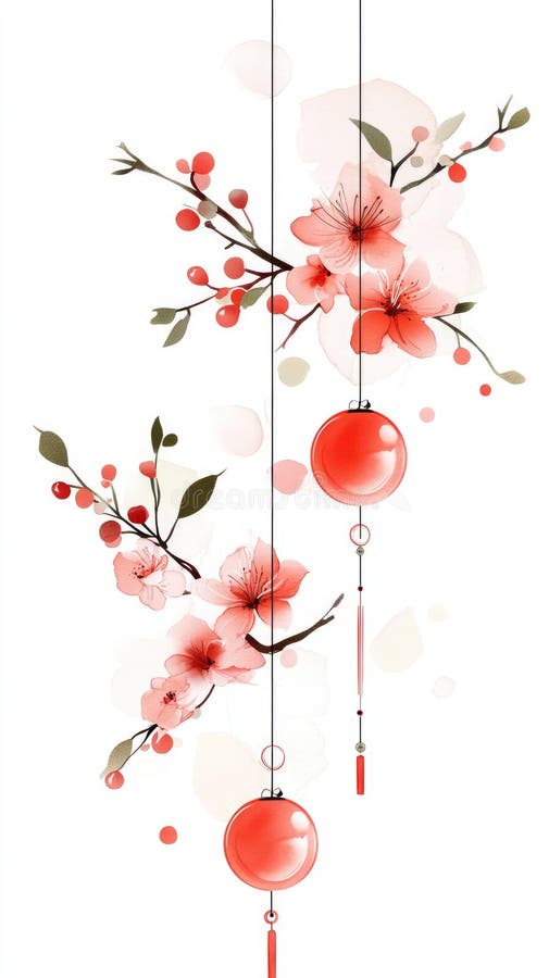 Elegant floral design with cherry blossoms and red decorative elements. Happy Chinese New Year royalty free illustration