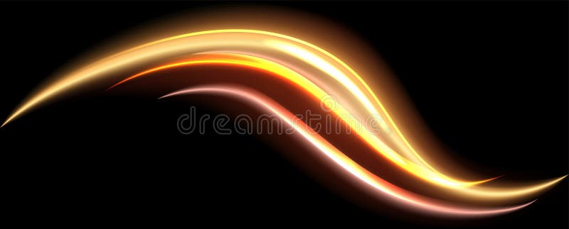 Elegant, flowing light waves in warm hues of gold and orange create a dynamic, abstract design on a dark background. The royalty free illustration