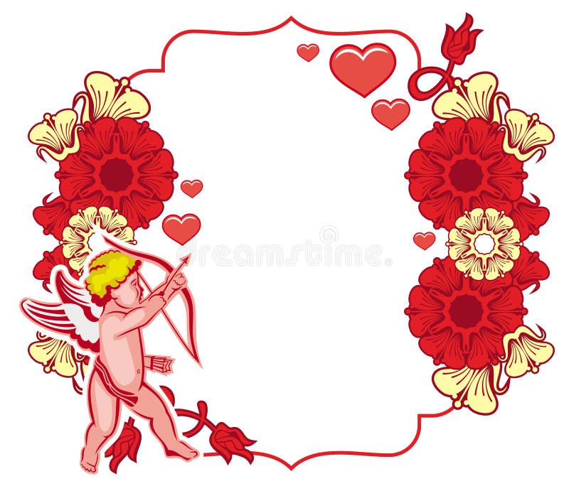 Elegant frame with Cupid, decorative flowers and hearts. Raster clip art.