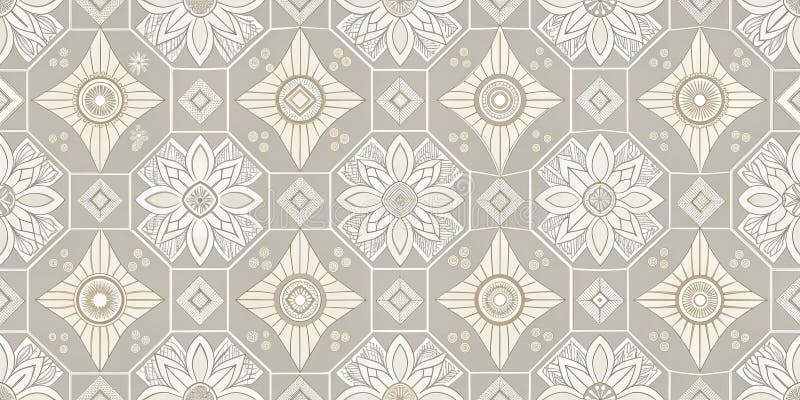 Elegant geometric floral tile pattern design with intricate line art and subtle color palette featuring repeating octagons and royalty free illustration