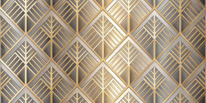 Elegant geometric pattern featuring interlocking diamond and triangle shapes in metallic gold and silver tones. Generative AI stock illustration