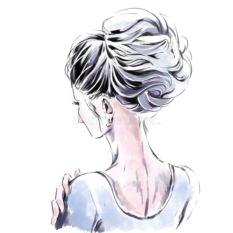 Elegant Girl with Beautiful Evening Haircut. Back View. Line Art Drawing Stock Illustration - Illustration of hairstyle, fashion: 136938973 Elegant Girl with Beautiful Evening Haircut. Back View. Line Art Drawing Stock Illustration - Illustration of hairstyle, fashion: 136938973