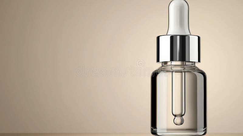 Elegant glass dropper bottle with metallic cap on a neutral background, AI royalty free stock images
