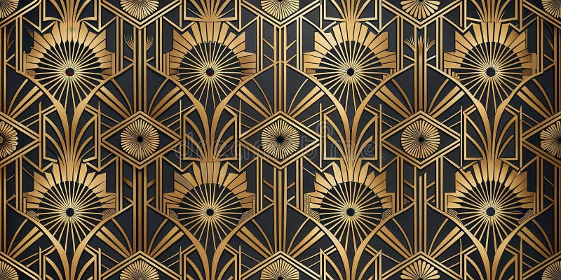 Elegant gold and black art deco geometric pattern seamless texture for design projects. Generative AI royalty free illustration