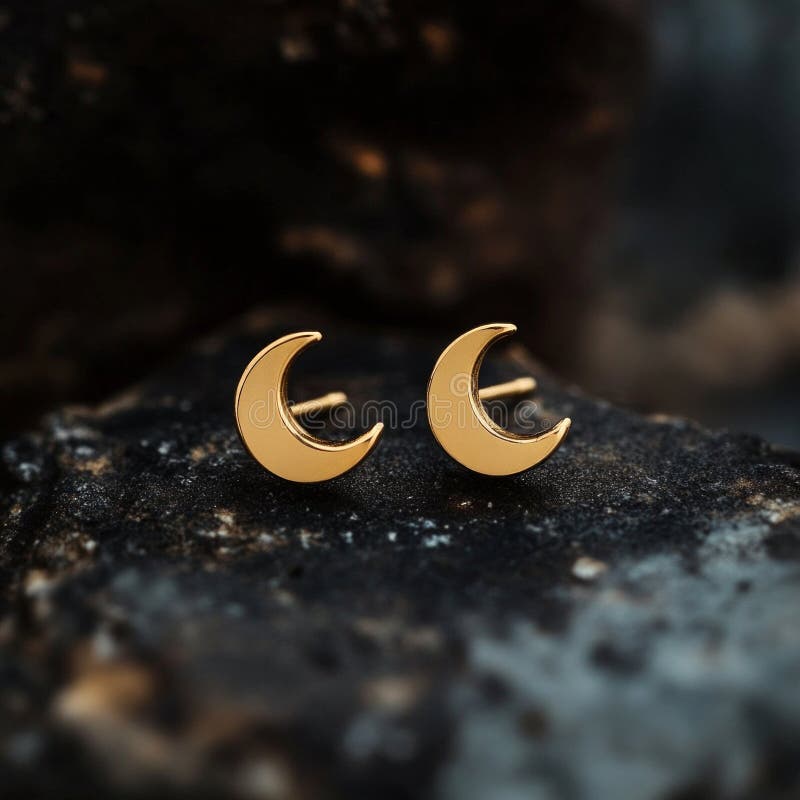 Elegant gold crescent moon stud earrings on dark rustic background stock photos