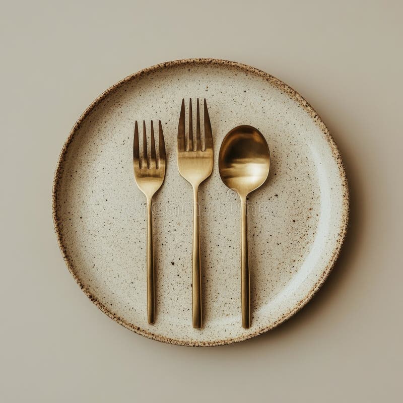 Elegant gold cutlery on a minimalist speckled plate ready for a fine dining experience royalty free stock photography