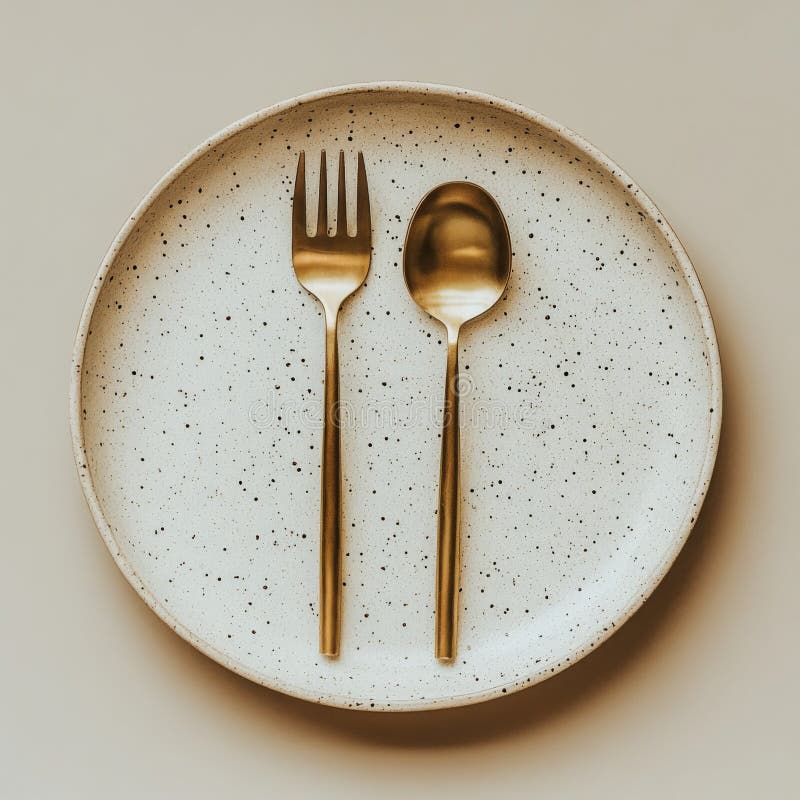 Elegant gold cutlery on a minimalist speckled plate ready for a fine dining experience royalty free stock images