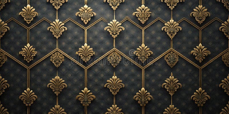 Elegant gold and dark background decorative panel with intricate floral design and geometric framework. Generative AI royalty free illustration