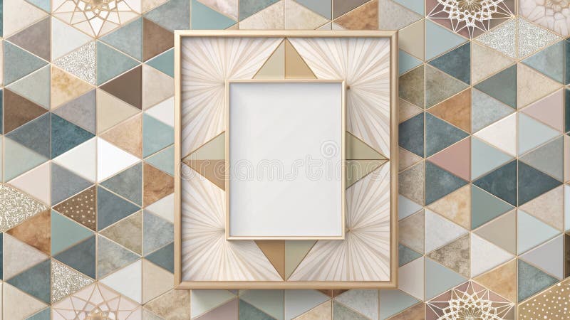 Elegant gold frame mockup on geometric tiles background with blank canvas for design presentation. Generative AI stock illustration