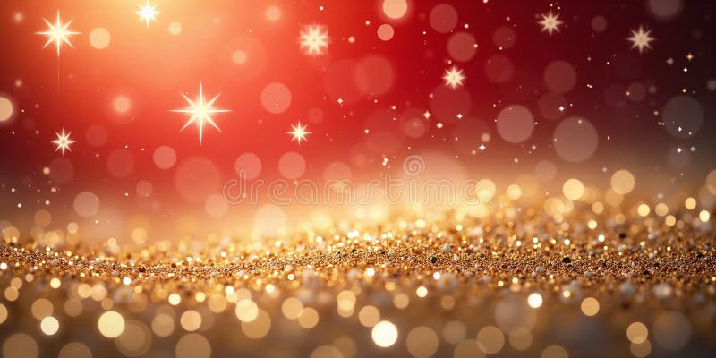 Elegant Gold Glitter Background. En fantastisk julbakgrund med gyllene glitter-mousserande stjärnor och en varm inbjudan till röd gradient med lysande bokeh-lampor. Perfekt för semesterdesign eller festliga tillfällen.