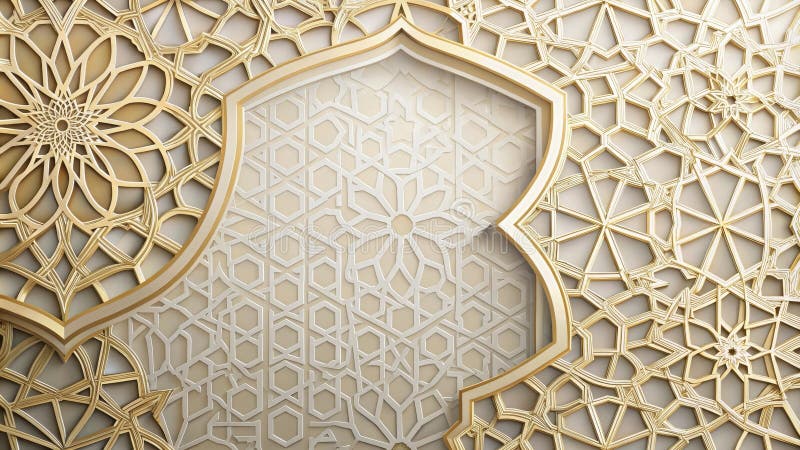 Elegant golden and beige islamic geometric pattern design with intricate details and ornate archway. Generative AI vector illustration