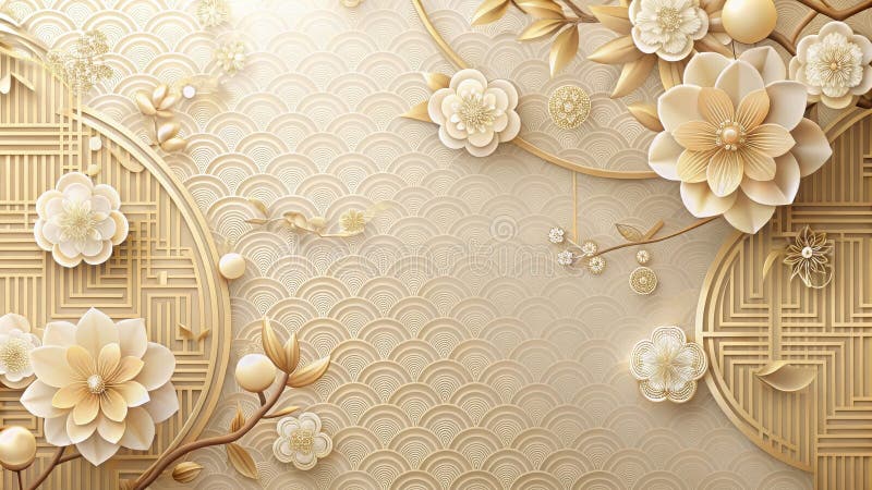 Elegant golden floral pattern design with intricate geometric accents and subtle textural depth. Generative AI stock illustration