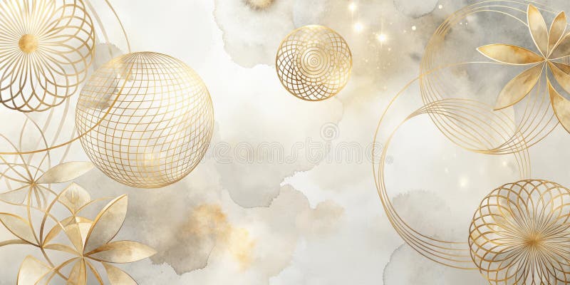 Elegant golden geometric abstract design with watercolor splashes and subtle glimmering lights. Generative AI stock illustration