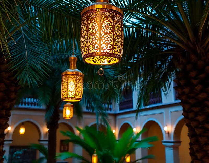 Elegant Golden Lanternor hanging under Palm Trees på natten. Varmglödande gyllene lyktor belyser en luxurös gårdsplats nattetid under lush palm Perfect för att skapa en lyxrik och exotisk ambians