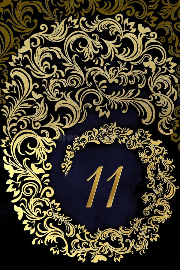 Elegant Golden Number 11 auf klassischem Damast-Blumenhintergrund stock abbildung