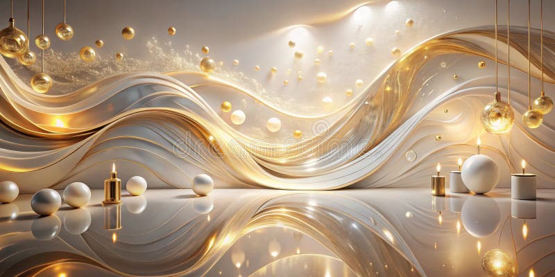 Elegant golden and white abstract wave design with illuminated globes and candles. Generative AI stock illustration