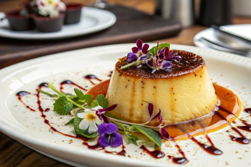 Elegant Gourmet Flan Dessert med Silky Smooth Texture och Colorful Flower Garnish vektor illustrationer