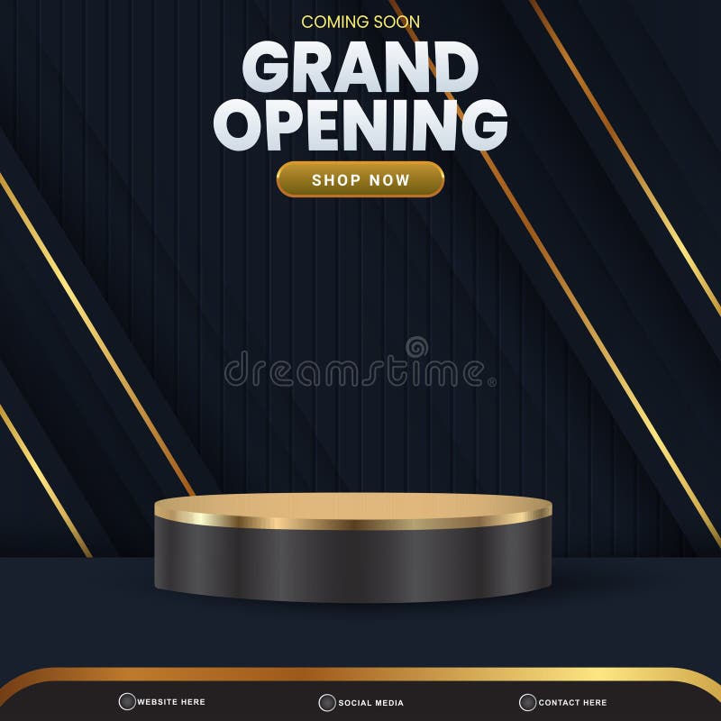 Elegant grand opening banner social media template post with blank space 3d podium for product with abstract black and golden stock illustration