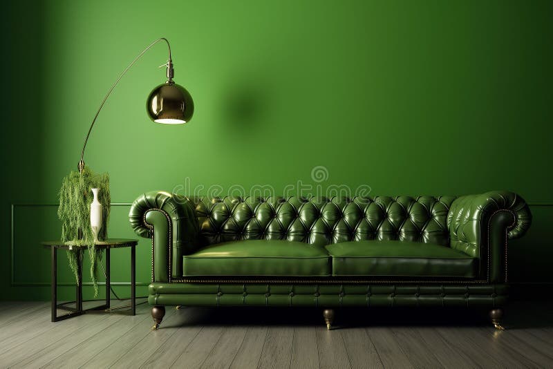 Elegant Green Leather Sofa in the Living Room. Modern Interior Design