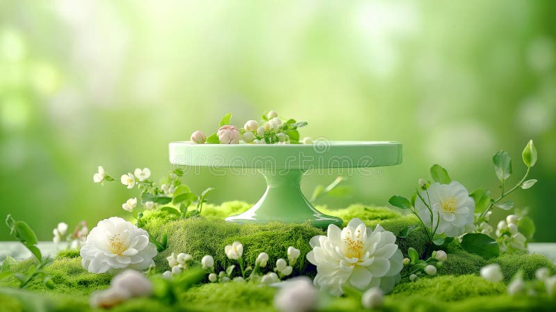 Elegant Green Pedestal Display med White Flowers och Lush Moss in Serene Natural Setting royaltyfri illustrationer