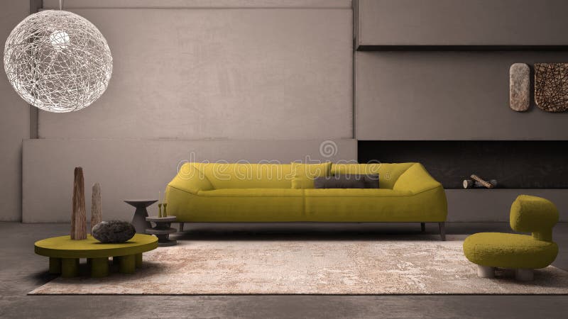 Elegant grunge living room with plaster walls and floor, fireplace. Yellow sofa with pillows, carpet, fluffy armchair, side tables, vases, decors. Modern interior design idea