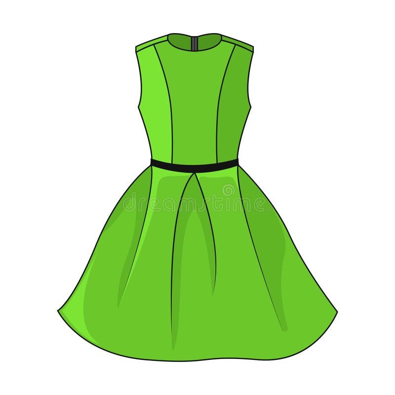 Elegant grön klänningsymbolsmall Härlig kort grön klänning med svart/mörkt - grått bälte royaltyfri illustrationer