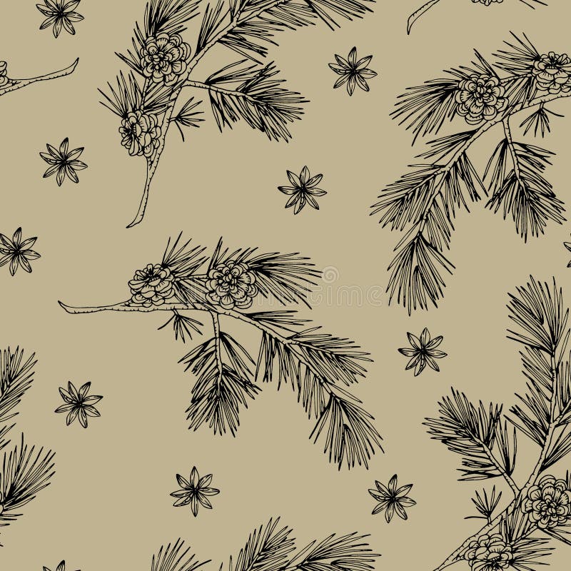 Elegant hand drawn Christmas seamless pattern with pine cones, pine tree branches and star anise. Winter vintage stock illustration Elegant hand drawn Christmas seamless pattern with pine cones, pine tree branches and star anise. Winter vintage stock illustration