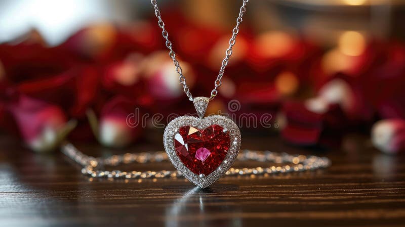 Elegant Heart-shaped Diamond Necklace Featuring a Striking Red Stone at ...