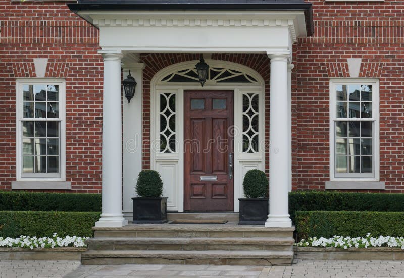 Elegant Home Entrance with Wood Grain Double Door and Portico Stock ...