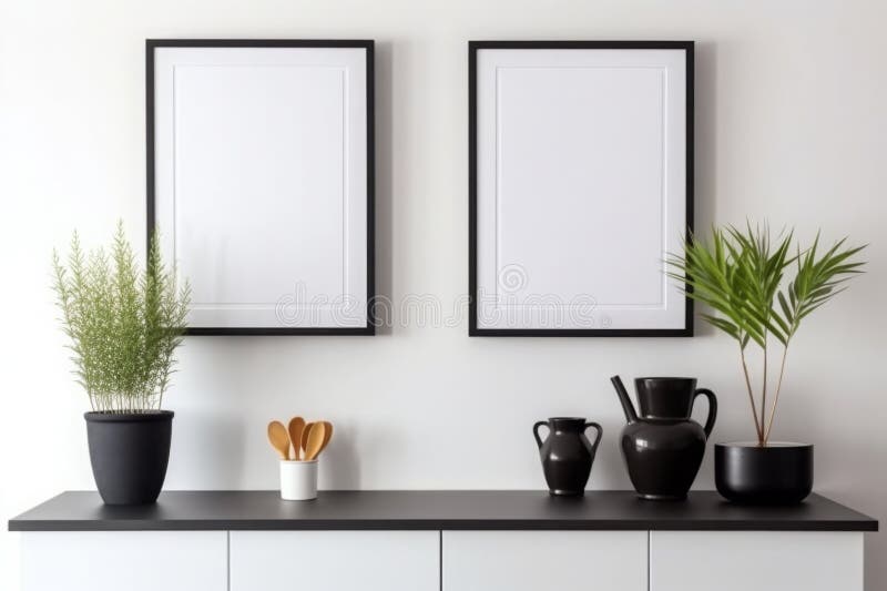 Interior elegant acasă cu două măști negre în sus cu cadre goale în fotografii deasupra instalațiilor de commod alb și a accesorii stock images