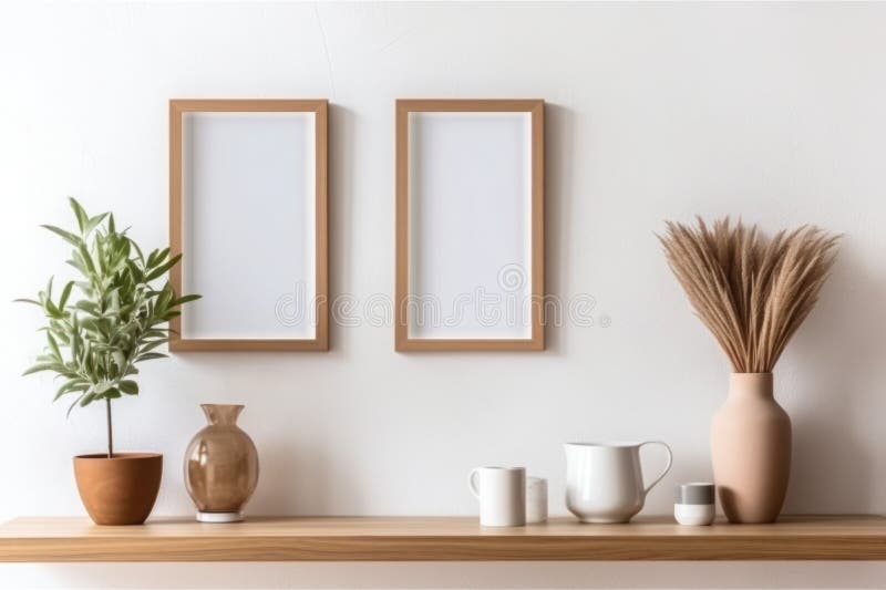Interior elegant, cu două măști de lemn brun, în sus, cu cadre goale, deasupra instalațiilor de compresie și a accesoriilor pentru royalty free stock image