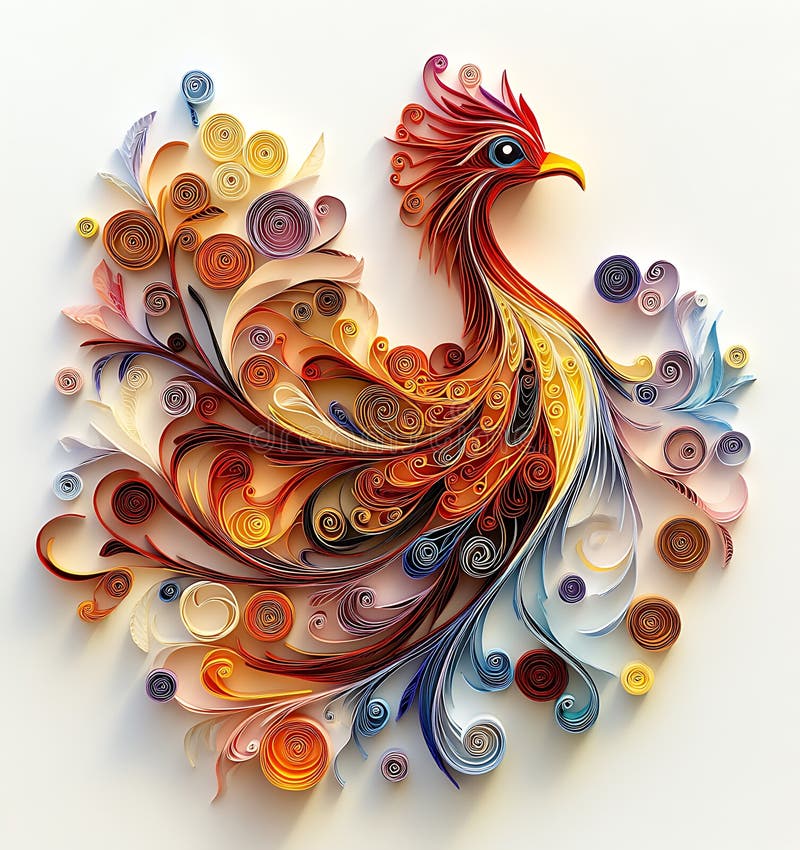 Elegant, högstämd grafik av ett foenix-format som är konstruerat med intrikata pappersdetaljer i klara färger. stock illustrationer