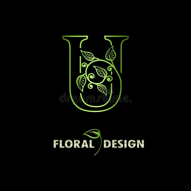 Elegant inledande bokstav u med florblad. ikon för naturlig logotyp. botanisk formgivning. Begreppet skördealfabet med vektor illustrationer