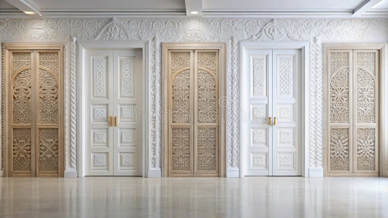 Elegant interior with ornate double doors and intricate wall carvings. Generative AI royalty free illustration