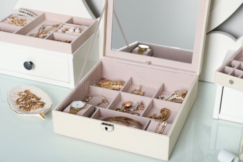Elegant Jewelry Boxes with Beautiful Bijouterie and Wristwatch on