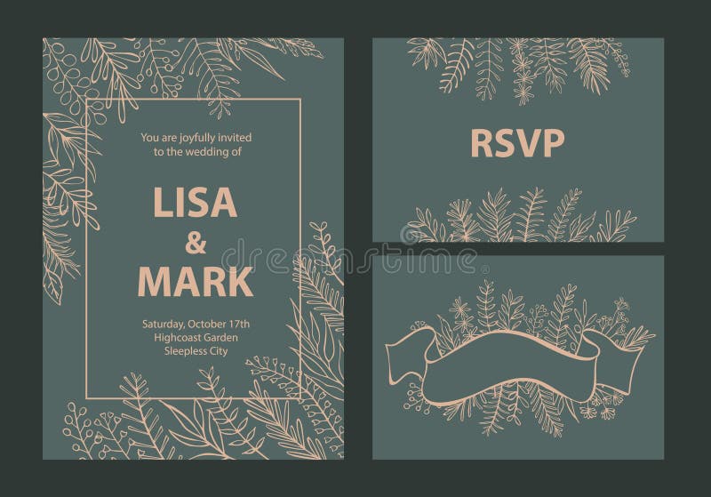 Elegant khaki and beige colored wedding invitations templates set with floral leaf branches vector illustration Elegant khaki and beige colored wedding invitations templates set with floral leaf branches vector illustration