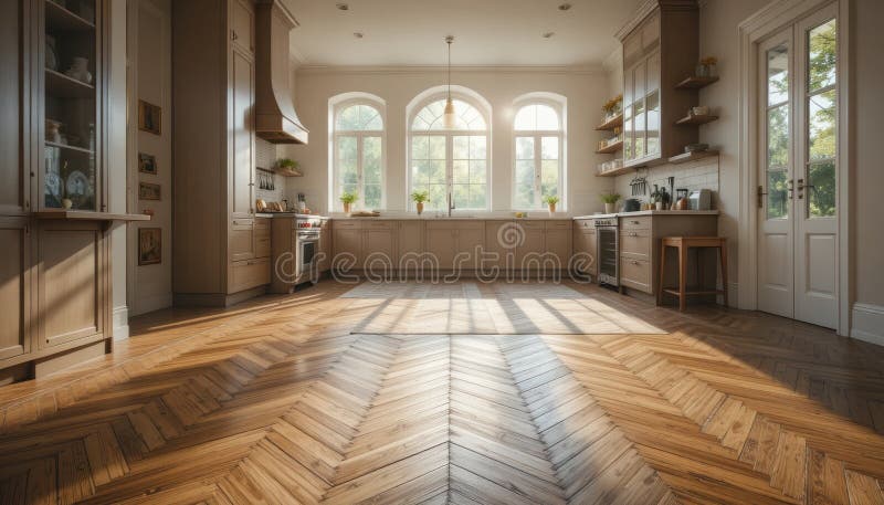 Elegant Kitchen with Arched Windows and Herringbone Floor vector illustration