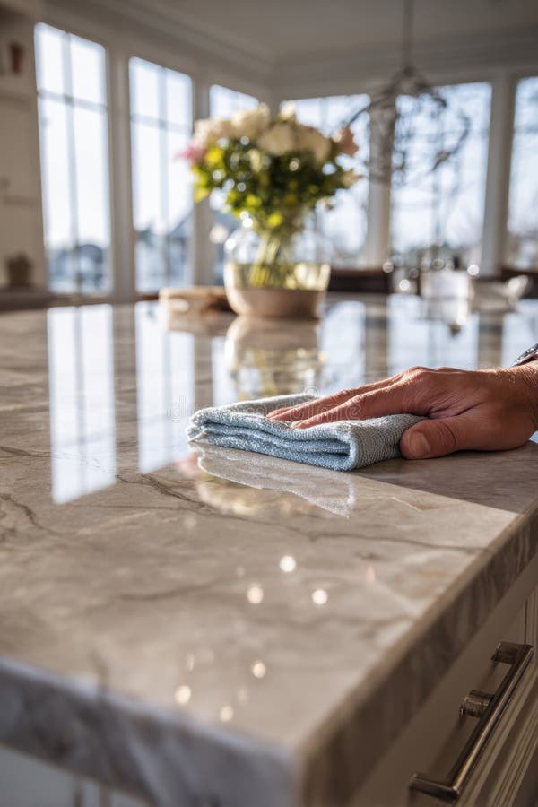 Elegant kitchen interior with marble countertop and hand cleaning surface royalty free illustration