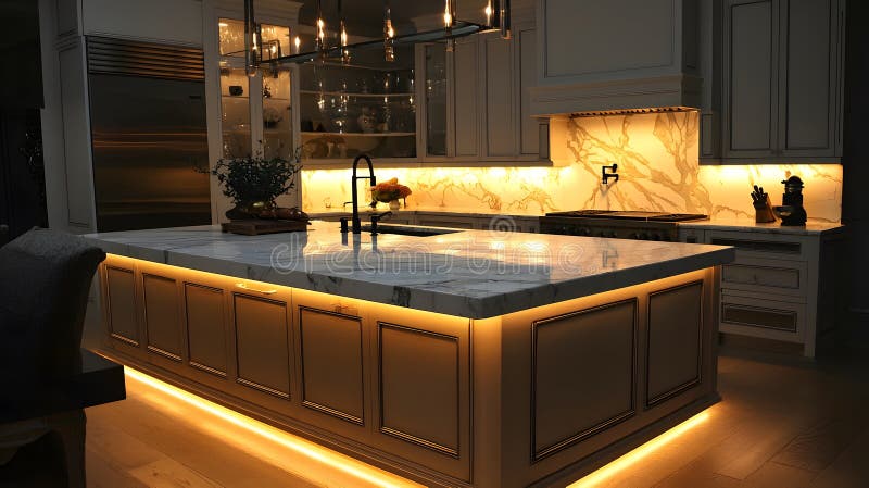 Elegant Kitchen with Marble Countertop and Modern Lighting stock illustration