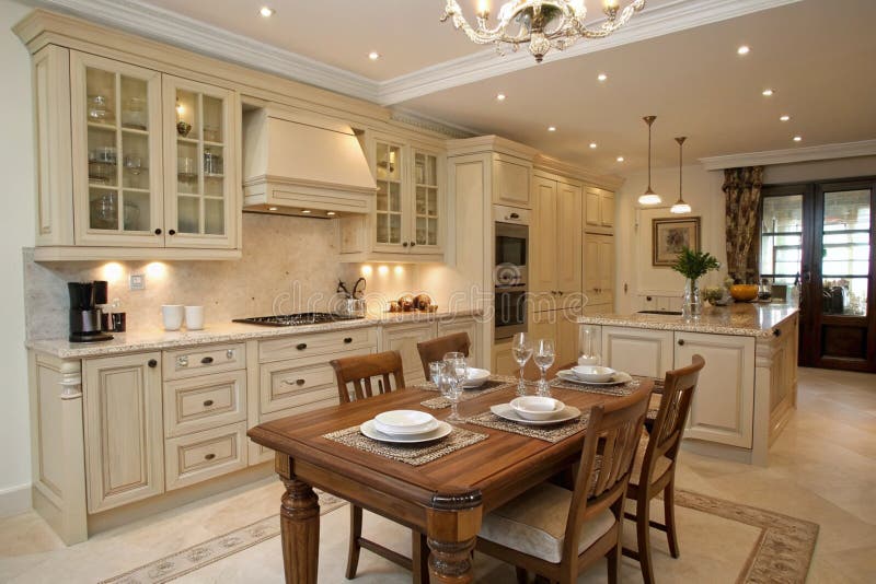 Elegant kitchen with wooden dinner table royalty free illustration