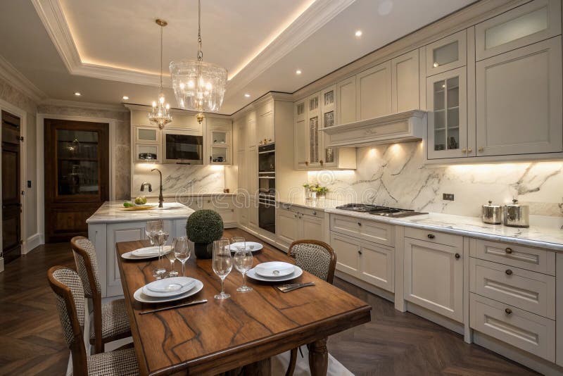 Elegant kitchen with wooden dinner table stock illustration