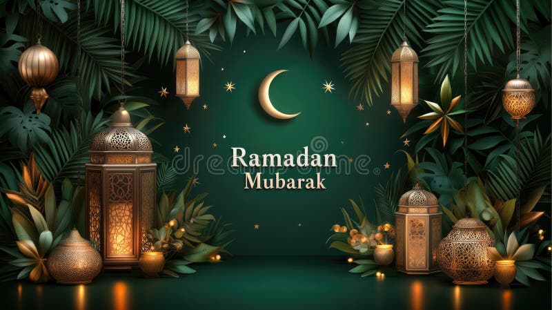 Elegant lanterns and crescent moon with ramadan mubarak message in lush greenery. Ramadan Mubarak royalty free stock photo