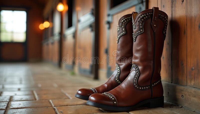 Elegant leather riding boots with studded detailing in rustic stable setting. Stylish brown equestrian footwear leans on wooden wall. Pair of fashionable handmade tall, boots for horseback riding. Stable rustic style stock images, royalty-free photos and pictures