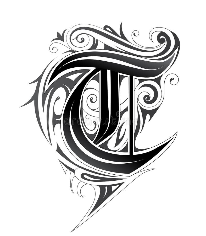 Font tattoo engraving letter t with shading Vector Image