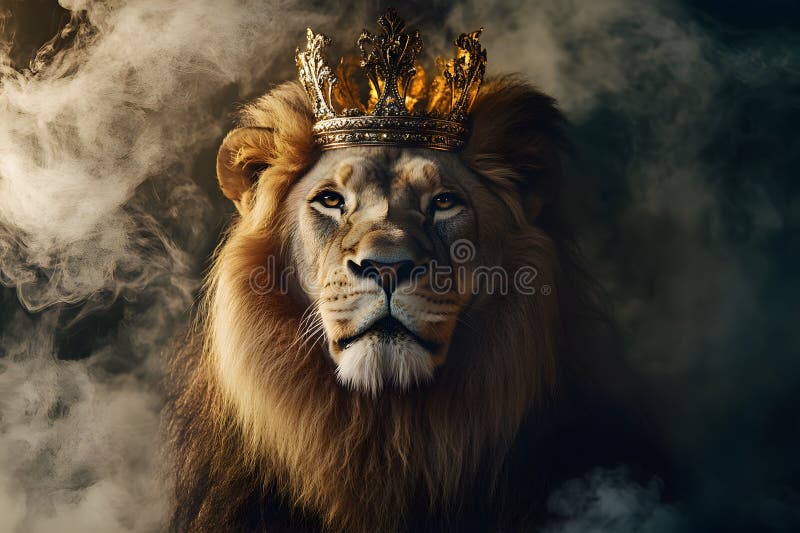 An elegant lion with a crown with a dramatic background royalty free stock image
