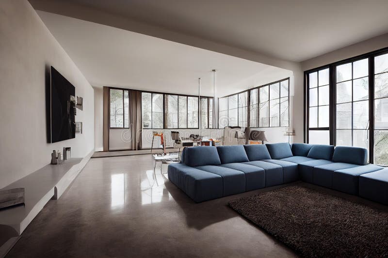 Elegant Living Room with Big Sofas and Huge Windows, No People. Stock