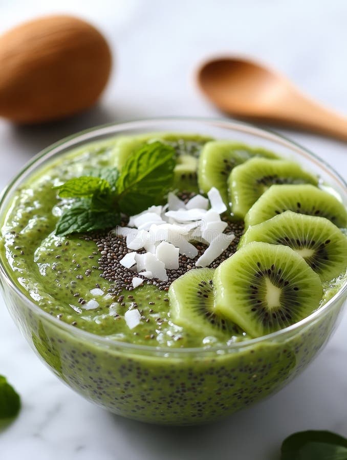 Elegant Matcha Chia Pudding cu Kiwi Reîmprospătare matcha chia budding umplută cu felii de kiwi fulgi de nucă de cocos și mentă royalty free illustration