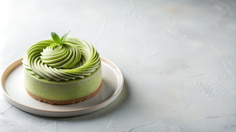 Elegant matcha dessert swirled cream and delicate garnish on a plate. Generative AI. A captivating fusion of imagination and modern design aesthetics.
